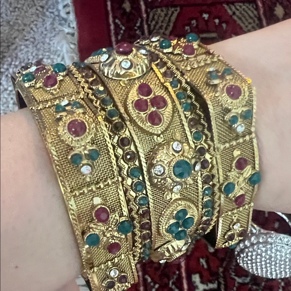 Luxurious Gold Bangle Set with Red and Green stone Accents